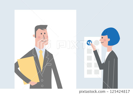 Business etiquette: Illustration of a young person operating an elevator button 125424817
