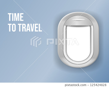 Time to trave, airplane window porthole view, template 125424828