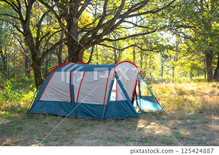 Installed tourist tent in a camping in nature in the forest. Domestic tourism, active summer holidays, family adventures. Ecotourism, sport, hike. Copy space, mock up Installed tourist tent in a camping in nature in the forest. Domestic tourism, active summer holidays, family adventures. Ecotourism, sport, hike. Copy space, mock up 125424887