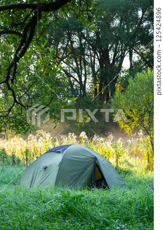 Installed tourist tent in a camping in nature in the forest. Domestic tourism, active summer holidays, family adventures. Ecotourism, sport, hike. Copy space, mock up Installed tourist tent in a camping in nature in the forest. Domestic tourism, active summer holidays, family adventures. Ecotourism, sport, hike. Copy space, mock up 125424896