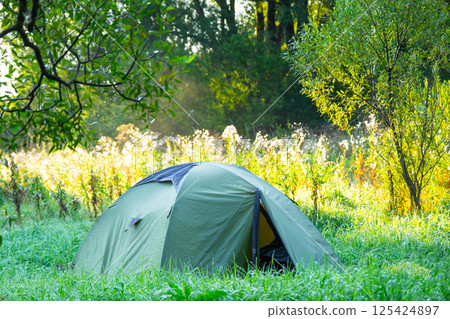 Installed tourist tent in a camping in nature in the forest. Domestic tourism, active summer holidays, family adventures. Ecotourism, sport, hike. Copy space, mock up Installed tourist tent in a camping in nature in the forest. Domestic tourism, active summer holidays, family adventures. Ecotourism, sport, hike. Copy space, mock up 125424897