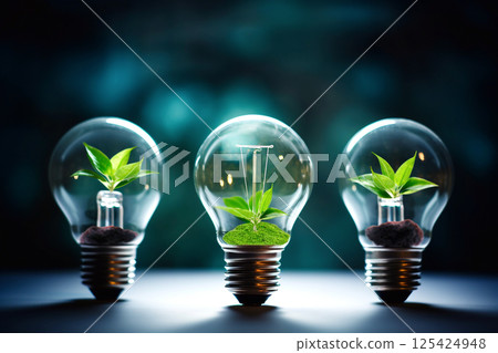 Three energy bulbs light with plants inside. Green energy concept 125424948
