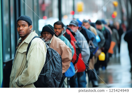 a man in deep thought, representing themes of unemployment, deportation, and poverty. The background subtly hints at immigration challenges in the USA 125424949