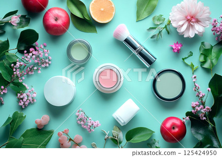 A fresh and natural spring-themed beauty scene featuring eco-friendly skincare products arranged on a flat surface. Surrounding the products are delicate flowers, with a soft blue background 125424950