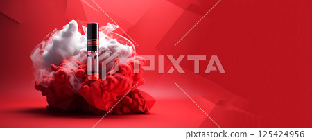 A modern banner featuring a red electronic vape pen emitting a swirl of smoke, set against a clean background. The sleek design highlights the e-cigarette with ample copy space 125424956