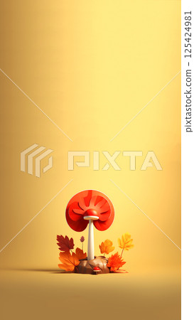 Whimsical cartoon-style illustration of an amanita mushroom in a vibrant autumn forest. The vertical composition features golden leaves, a soft yellow background, and a charming fairy-tale atmosphere Whimsical cartoon-style illustration of an amanita mushroom in a vibrant autumn forest. The vertical composition features golden leaves, a soft yellow background, and a charming fairy-tale atmosphere 125424981