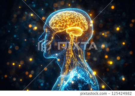 Man experiencing chronic head pain and stress, with visible tension in his facial expression. A focus on the anatomy of the brain, symbolizing the mental health Man experiencing chronic head pain and stress, with visible tension in his facial expression. A focus on the anatomy of the brain, symbolizing the mental health 125424982
