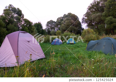 Installed tourist tent in a camping in nature in the forest. Domestic tourism, active summer holidays, family adventures. Ecotourism, sport, hike. Copy space, mock up 125425024