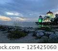 Illuminated Melaka Straits Mosque after sunset in the World Heritage city of Melaka, Malaysia 125425060