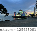 Illuminated Melaka Straits Mosque after sunset in the World Heritage city of Melaka, Malaysia 125425061
