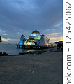 Illuminated Melaka Straits Mosque after sunset in the World Heritage city of Melaka, Malaysia 125425062