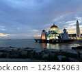 Illuminated Melaka Straits Mosque after sunset in the World Heritage city of Melaka, Malaysia 125425063