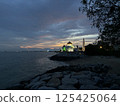 Illuminated Melaka Straits Mosque after sunset in the World Heritage city of Melaka, Malaysia 125425064