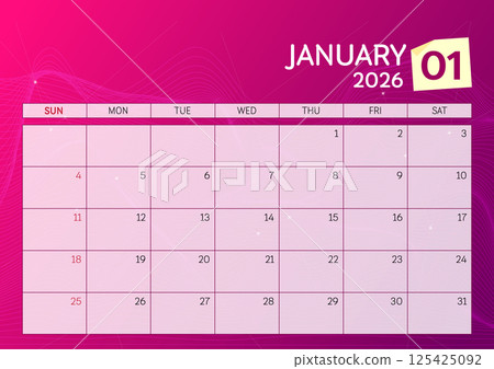 January 2026 Calendar. Week start on Sunday. Desk calendar 2026 design, simple and clean design, Wall calendar for print, digital calendar, Corporate design planner template vector. 125425092