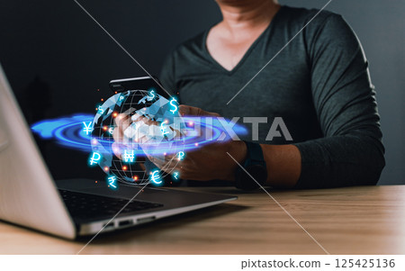 dynamic visualization of global finance show blockchain technology, enabling seamless currency exchange and revolutionizing how money flows across border in a connect,decentralized economic ecosystem. 125425136