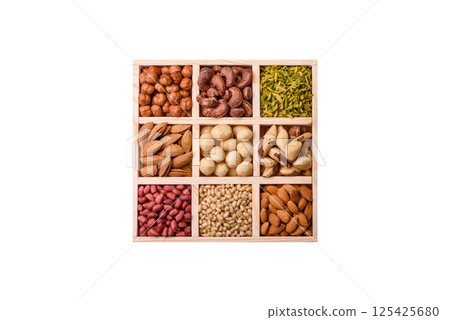 Mix of macadamia, pine, cashew, hazelnut, peanut, pistachio nuts Mix of macadamia, pine, cashew, hazelnut, peanut, pistachio nuts 125425680