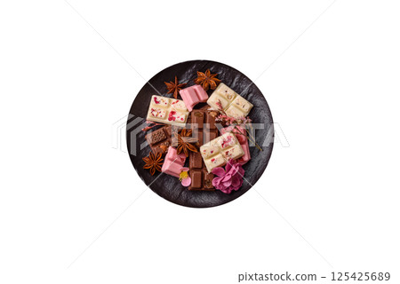 Multicolored handmade chocolate bars pink, white, brown colors Multicolored handmade chocolate bars pink, white, brown colors 125425689