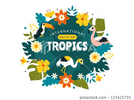 International Day of the Tropics Vector Illustration on June 29 Featuring Animals, Grass, and Flowering Plants to Preserve Tropical Nature 125425735