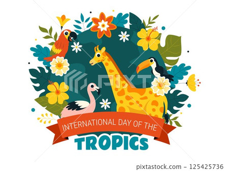 International Day of the Tropics Vector Illustration on June 29 Featuring Animals, Grass, and Flowering Plants to Preserve Tropical Nature 125425736