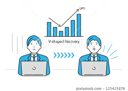 A businessman who is happy with a smile and a graph showing a V-shaped recovery 125425876