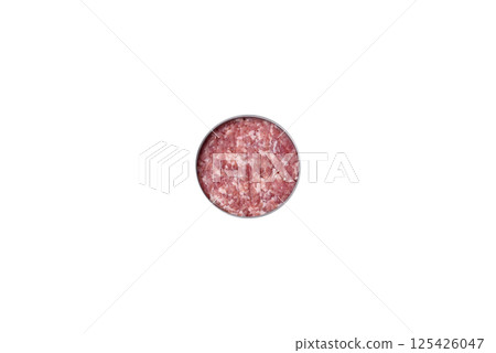 Fresh raw ground beef or pork burger patty with salt and spices Fresh raw ground beef or pork burger patty with salt and spices 125426047