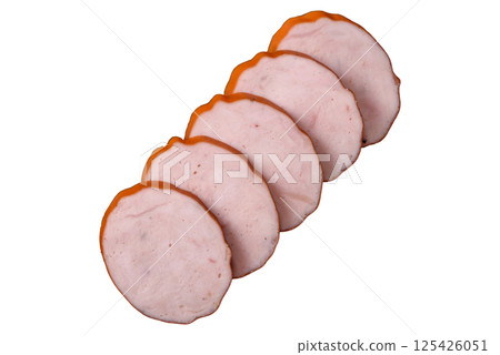 Delicious fresh ham cut into round slices with salt, spices and herbs 125426051