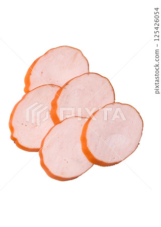 Delicious fresh ham cut into round slices with salt, spices and herbs Delicious fresh ham cut into round slices with salt, spices and herbs 125426054