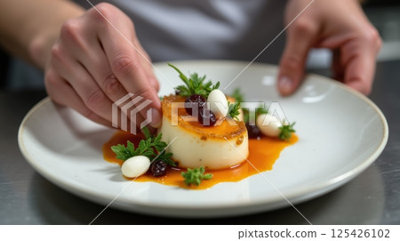 Chef plating dessert with herbs, candied vegetables, savory sauces, minimalist plate, creative and innovative food art Chef plating dessert with herbs, candied vegetables, savory sauces, minimalist plate, creative and innovative food art 125426102