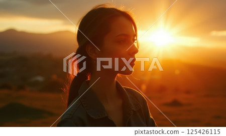 Portrait with golden hour backlighting, warm tones, soft shadows, creative use of natural light, artistic mood 125426115
