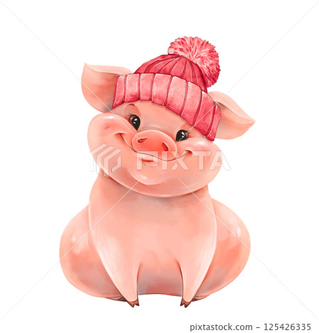 Adorable cartoon pig wearing a cozy pink winter hat with a pom pom, ideal for children's books and winter-themed designs 125426335