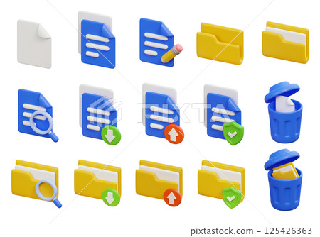 3D Cartoon Documents and Folders Icon Set 125426363