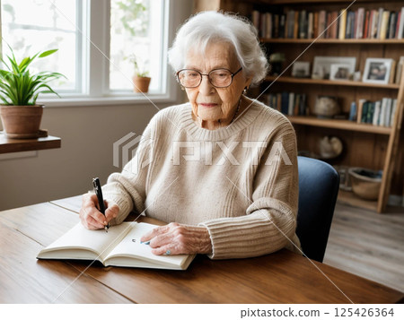 一位老婦人面對筆記本的安靜時光 一位老婦人面對筆記本的安靜時光 125426364