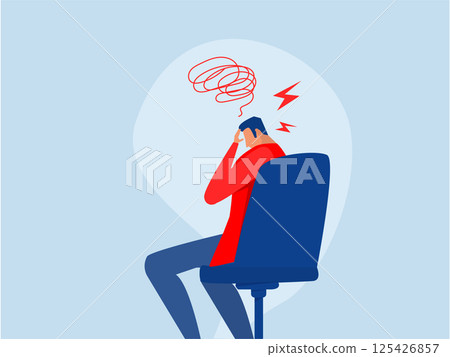 businessman holding his head sitting alone on the chair,Failure Anxiety and Stress Frustrated Businessman Regretting Financial Mistake concept Vector Illustration 125426857