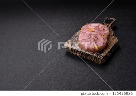 Homemade brawn with salt, spices, herbs and vegetables 125426926