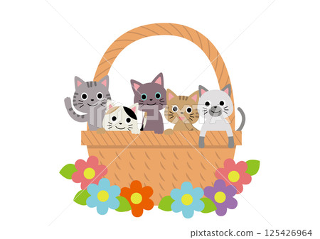 裝滿可愛貓咪和鮮花的籃子 125426964