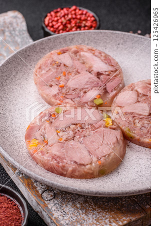 Homemade brawn with salt, spices, herbs and vegetables 125426965