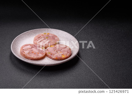 Homemade brawn with salt, spices, herbs and vegetables Homemade brawn with salt, spices, herbs and vegetables 125426971