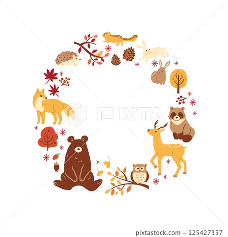 秋季可愛動物插圖框架 125427357