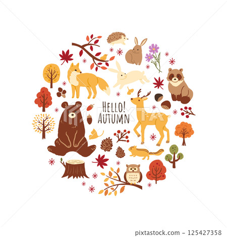 Set of cute autumn animal illustrations 125427358