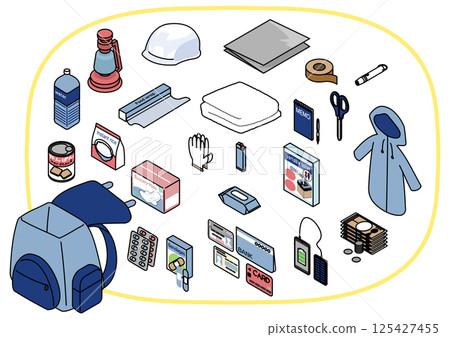 Isometric set of emergency evacuation bag and disaster prevention goods 125427455