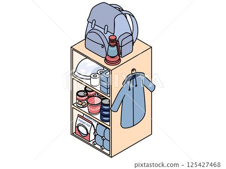 Disaster prevention supplies storage shelf isometric illustration 125427468