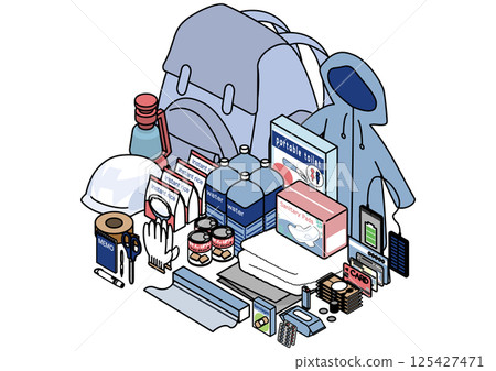 Disaster prevention supplies full set isometric illustration Disaster prevention supplies full set isometric illustration 125427471