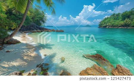 Tropical beach with turquoise water and palm trees Tropical beach with turquoise water and palm trees 125427473