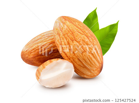 Fresh Almonds with leaves isolated on white background 125427524