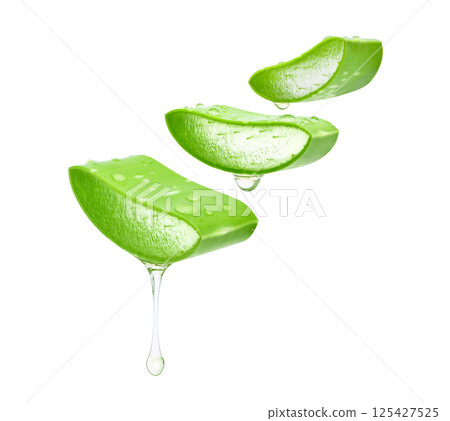 Aloe vera sliced leaf with dripping gel isolated on white background 125427525