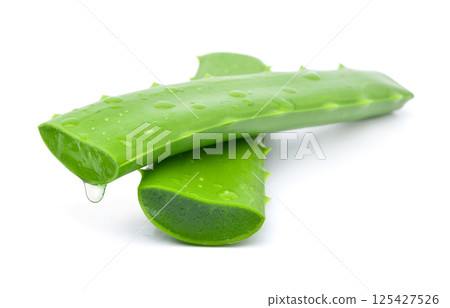 Aloe vera sliced with gel dripping isolated on white background 125427526