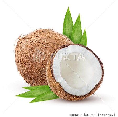 Coconut with leaves isolated on white background 125427531