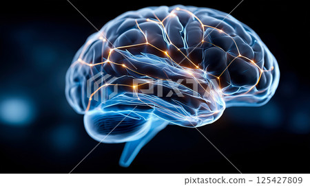 A detailed 3D render of a human brain with glowing neural connections and electric impulses, representing cognitive functions and brain activity A detailed 3D render of a human brain with glowing neural connections and electric impulses, representing cognitive functions and brain activity 125427809
