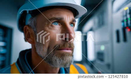 Close-up of an engineer wearing a helmet, looking thoughtfully at electrical equipment in a control room 125427810