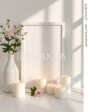 Vibrant white frame with assorted candies and fresh flowers, festive decorative border Vibrant white frame with assorted candies and fresh flowers, festive decorative border 125427870